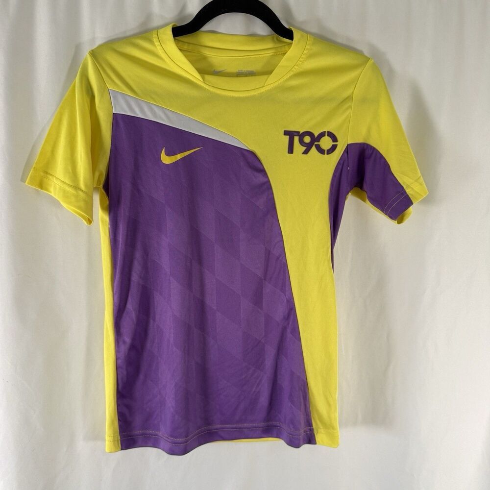 Nike T90 Shirt Men's Yellow Purple Short Sleeve Crewneck #12